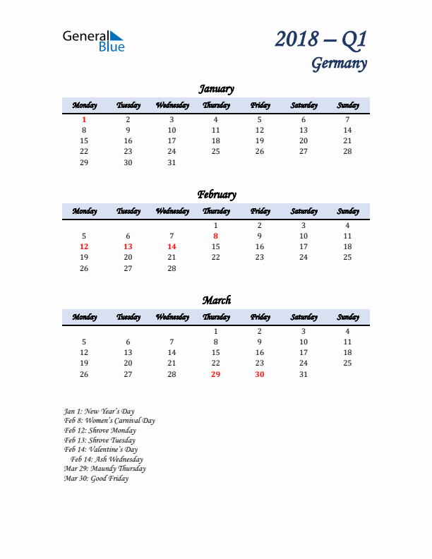 January, February, and March Calendar for Germany with Monday Start