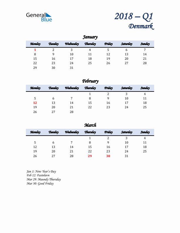 January, February, and March Calendar for Denmark with Monday Start