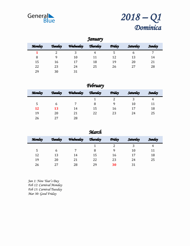 January, February, and March Calendar for Dominica with Monday Start