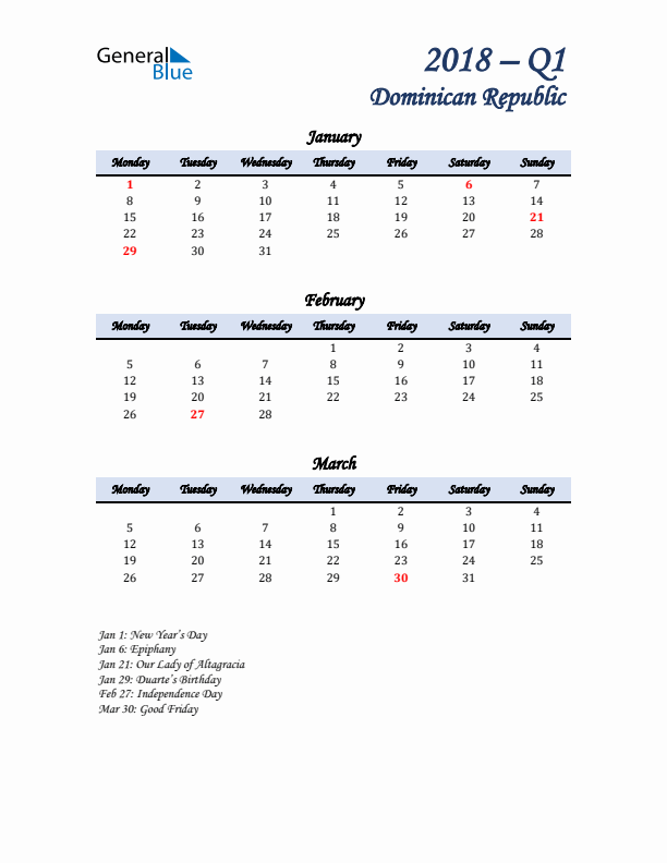 January, February, and March Calendar for Dominican Republic with Monday Start