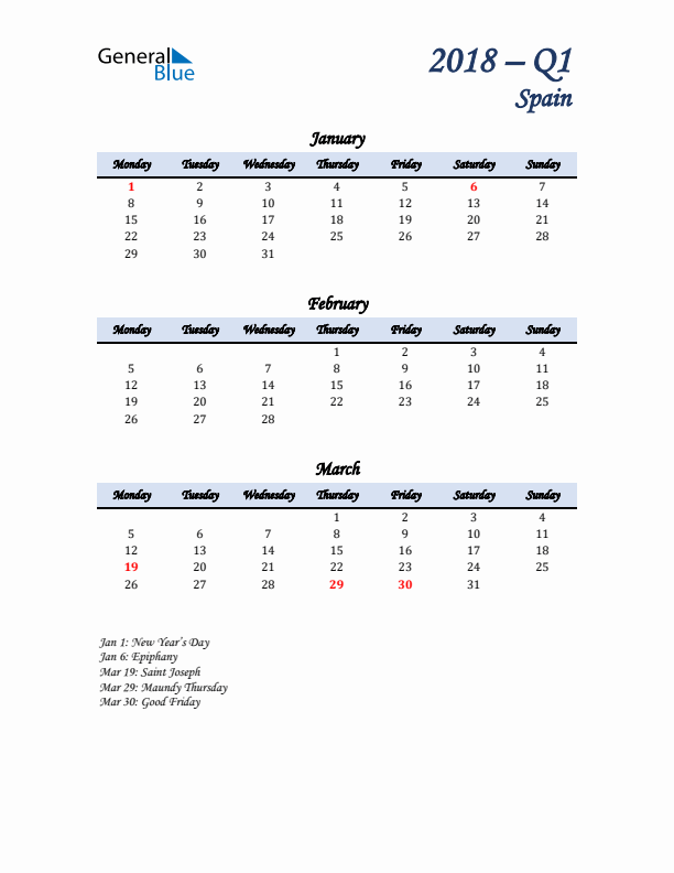 January, February, and March Calendar for Spain with Monday Start