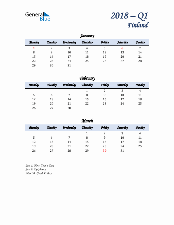 January, February, and March Calendar for Finland with Monday Start