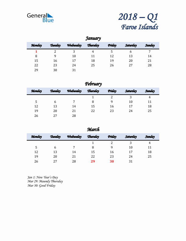 January, February, and March Calendar for Faroe Islands with Monday Start