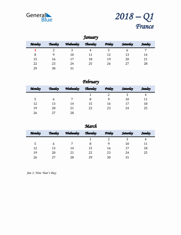 January, February, and March Calendar for France with Monday Start