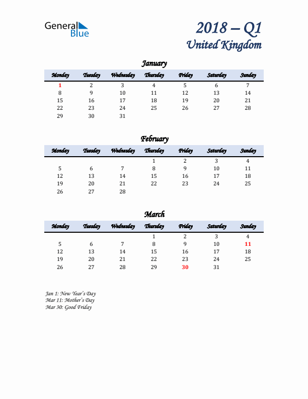 January, February, and March Calendar for United Kingdom with Monday Start