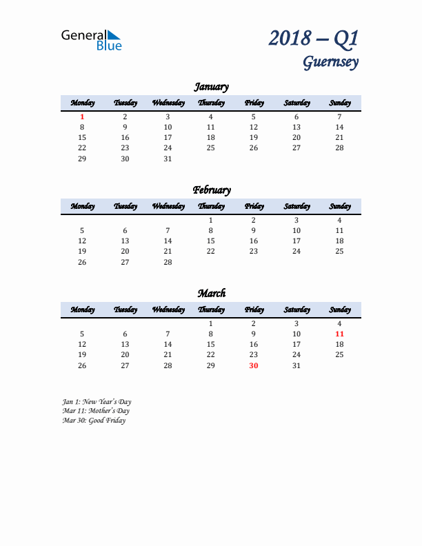 January, February, and March Calendar for Guernsey with Monday Start