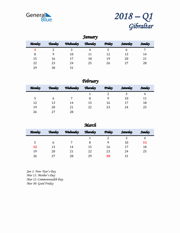 January, February, and March Calendar for Gibraltar with Monday Start