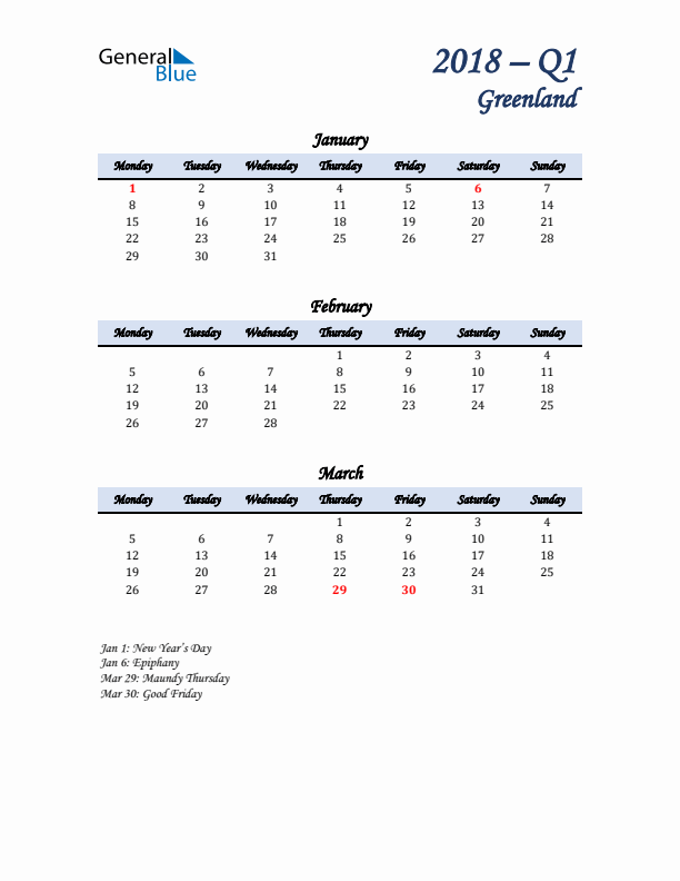 January, February, and March Calendar for Greenland with Monday Start