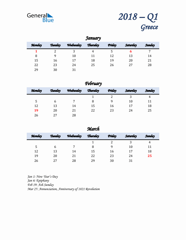 January, February, and March Calendar for Greece with Monday Start