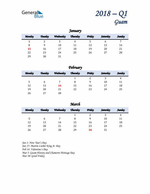 January, February, and March Calendar for Guam with Monday Start