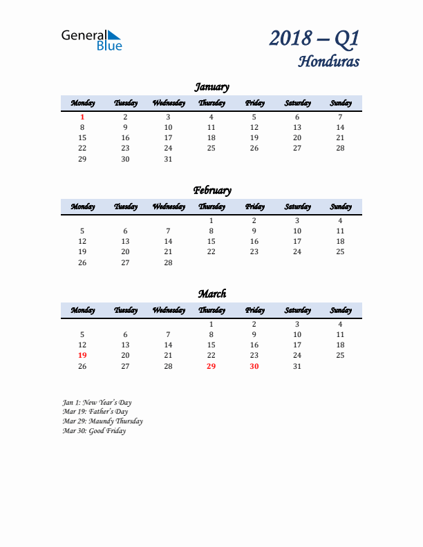 January, February, and March Calendar for Honduras with Monday Start