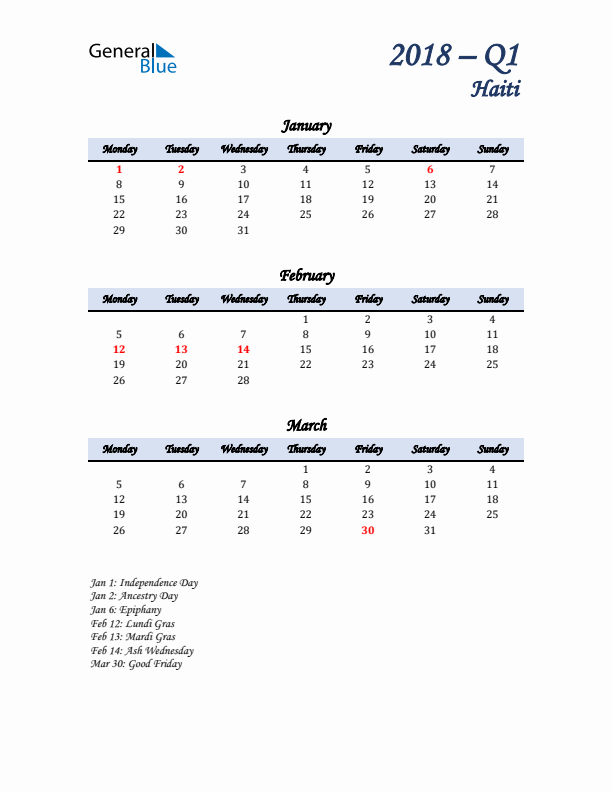 January, February, and March Calendar for Haiti with Monday Start