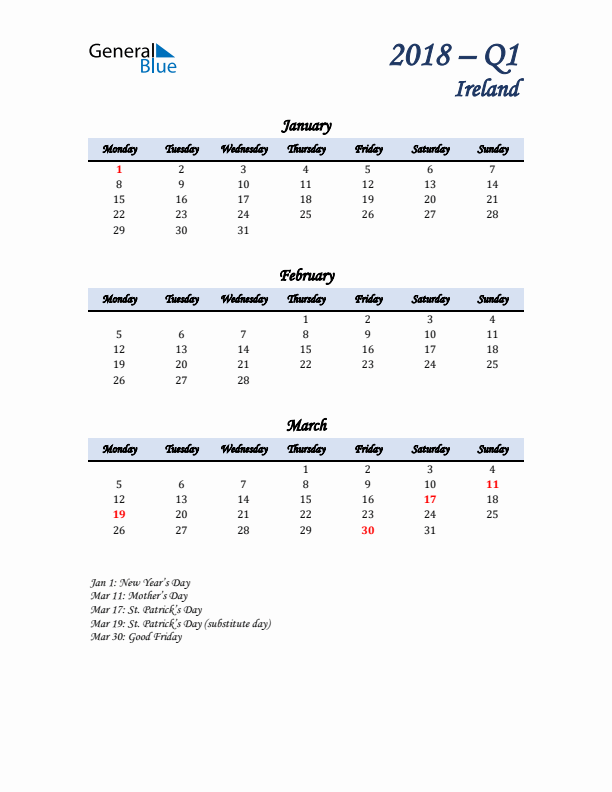 January, February, and March Calendar for Ireland with Monday Start