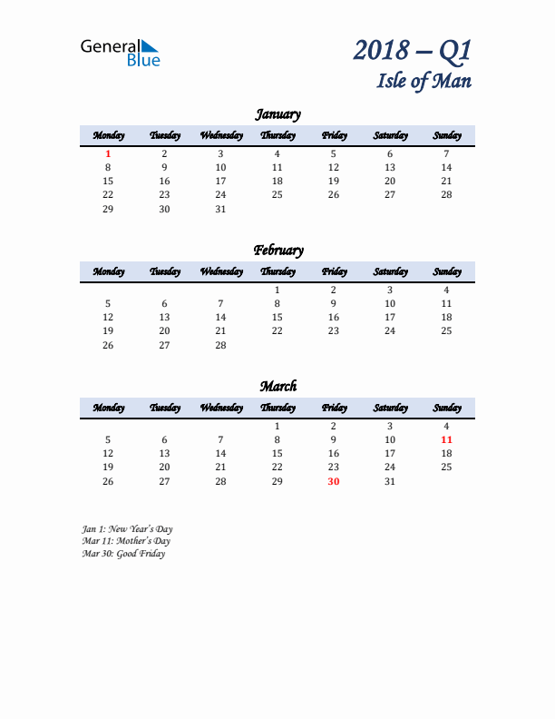 January, February, and March Calendar for Isle of Man with Monday Start