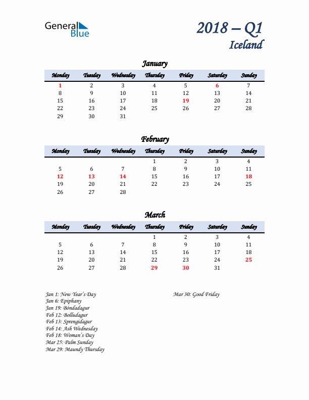 January, February, and March Calendar for Iceland with Monday Start