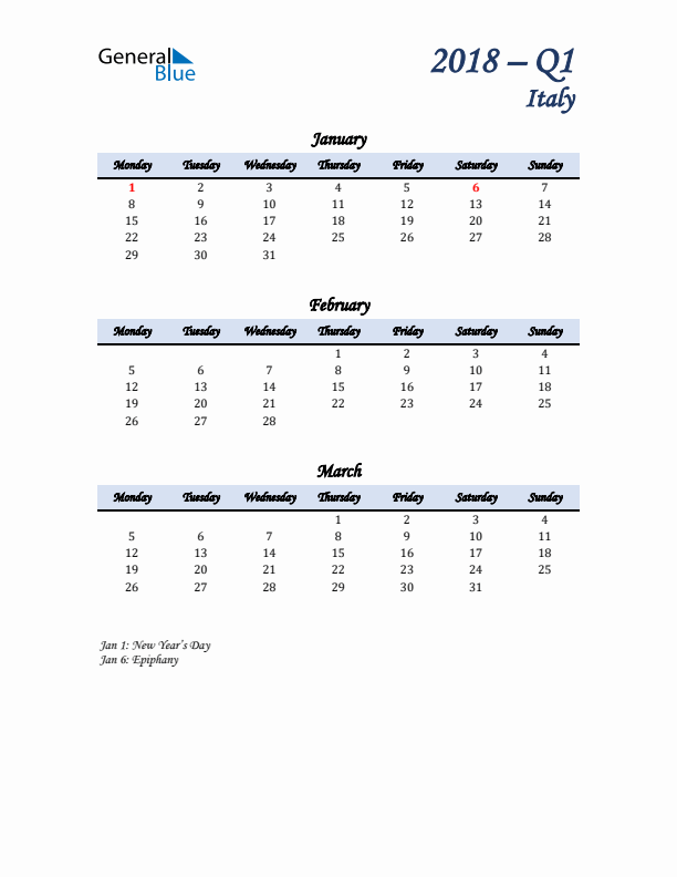 January, February, and March Calendar for Italy with Monday Start