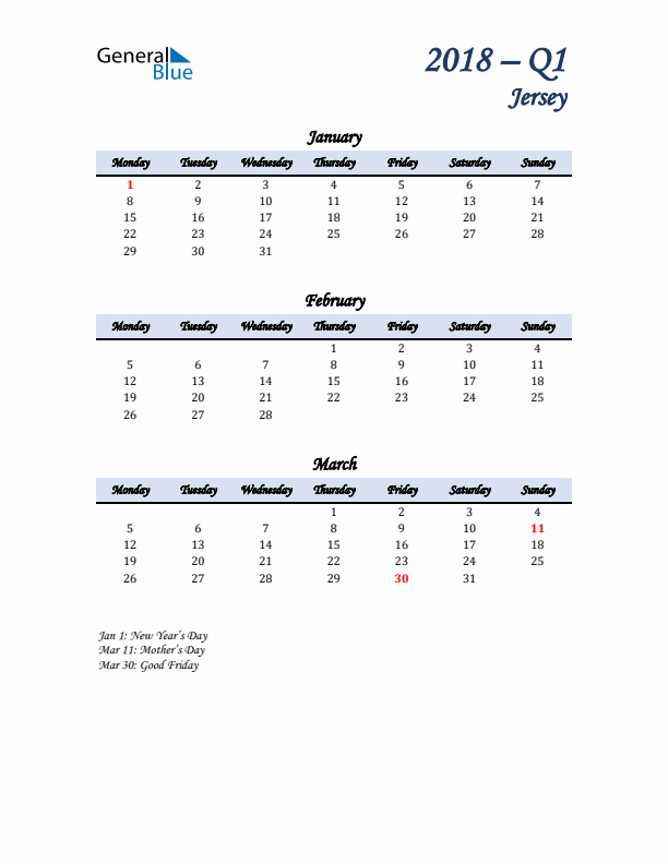 January, February, and March Calendar for Jersey with Monday Start