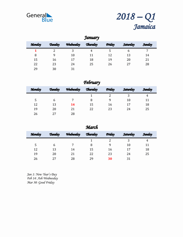 January, February, and March Calendar for Jamaica with Monday Start