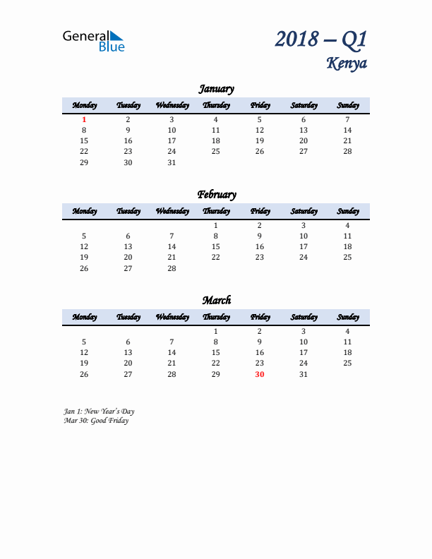 January, February, and March Calendar for Kenya with Monday Start