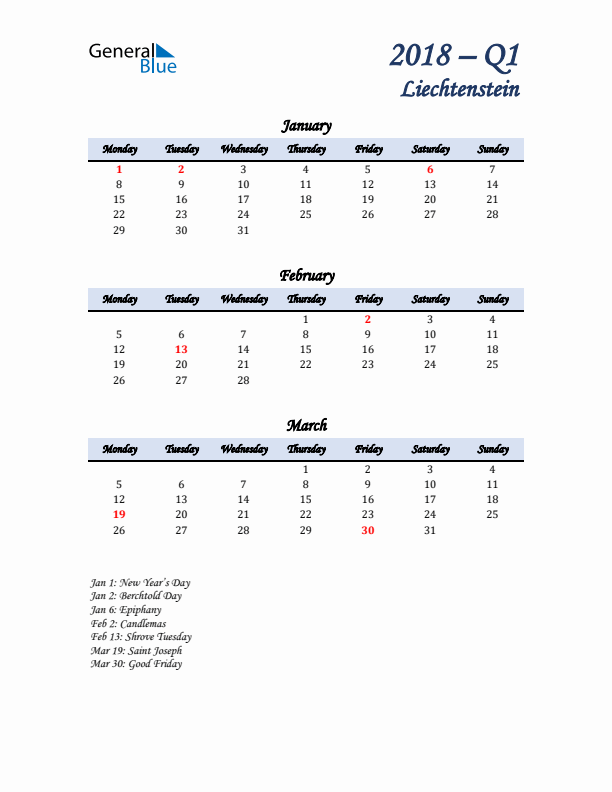 January, February, and March Calendar for Liechtenstein with Monday Start