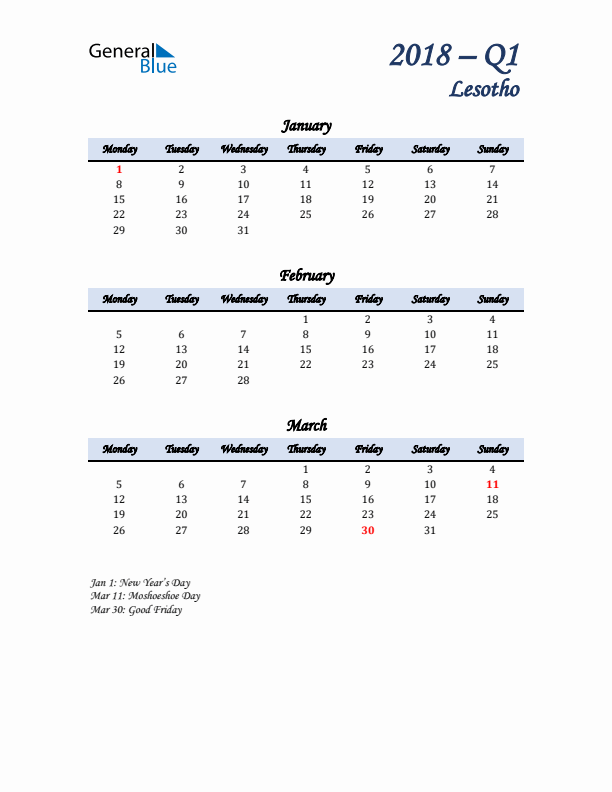 January, February, and March Calendar for Lesotho with Monday Start