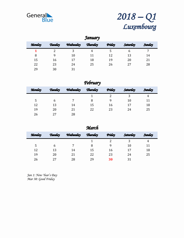 January, February, and March Calendar for Luxembourg with Monday Start