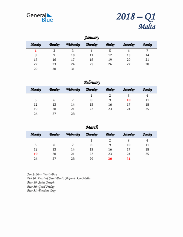 January, February, and March Calendar for Malta with Monday Start