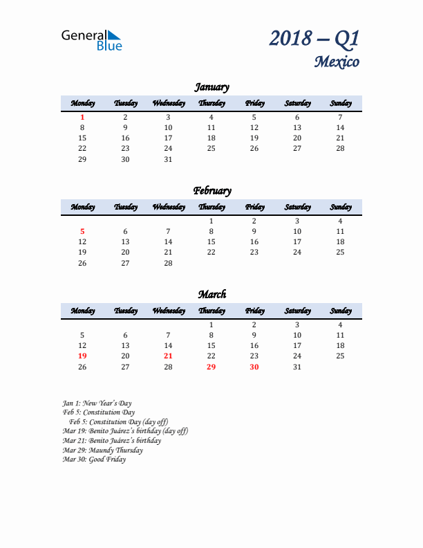 January, February, and March Calendar for Mexico with Monday Start