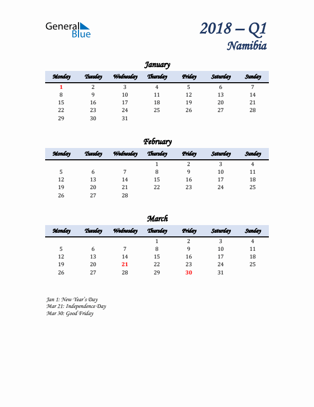 January, February, and March Calendar for Namibia with Monday Start