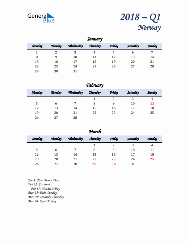 January, February, and March Calendar for Norway with Monday Start