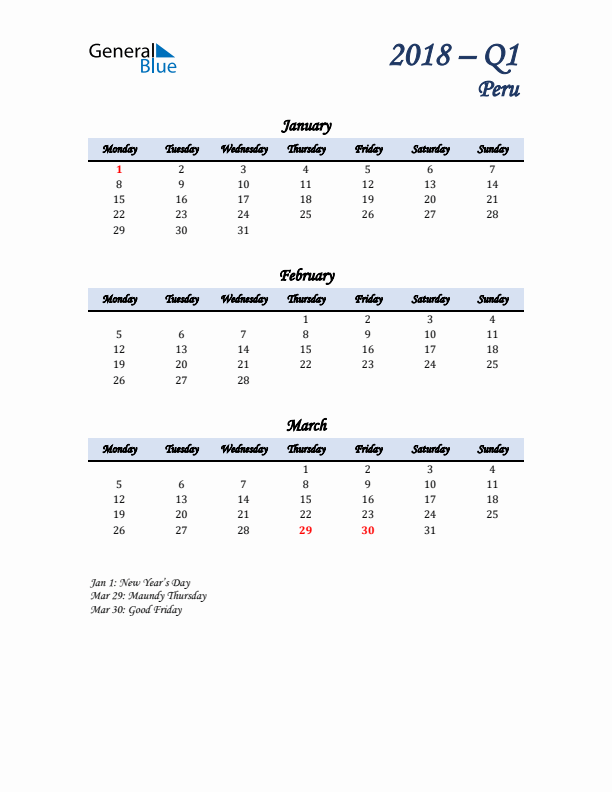 January, February, and March Calendar for Peru with Monday Start