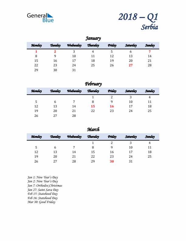 January, February, and March Calendar for Serbia with Monday Start