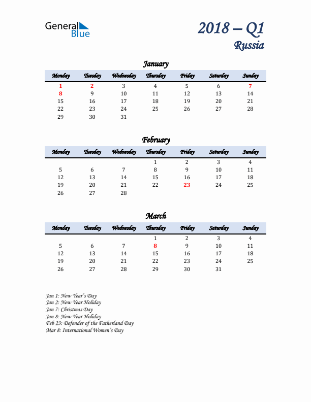 January, February, and March Calendar for Russia with Monday Start