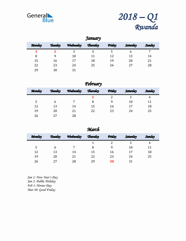 January, February, and March Calendar for Rwanda with Monday Start