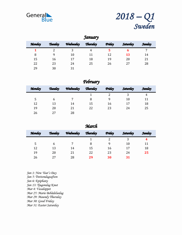 January, February, and March Calendar for Sweden with Monday Start