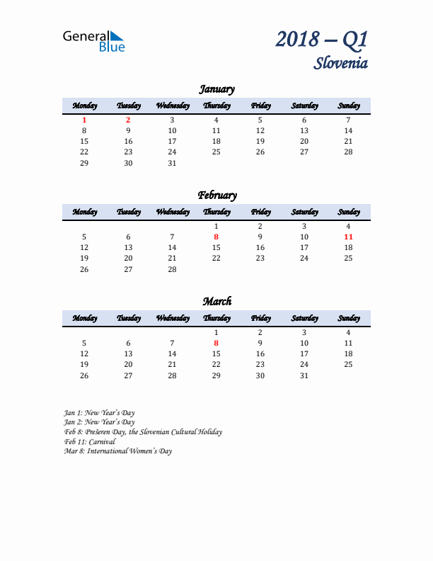 January, February, and March Calendar for Slovenia with Monday Start