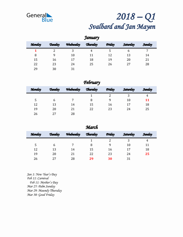 January, February, and March Calendar for Svalbard and Jan Mayen with Monday Start