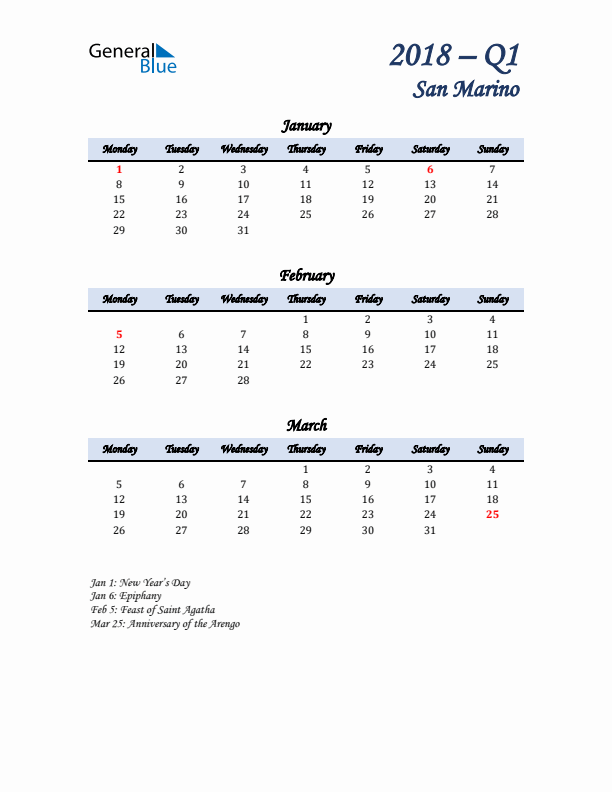 January, February, and March Calendar for San Marino with Monday Start