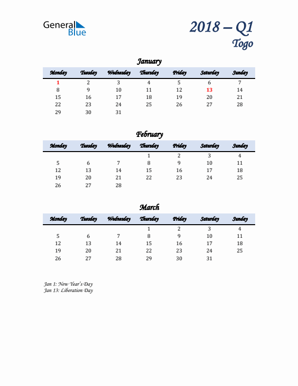 January, February, and March Calendar for Togo with Monday Start