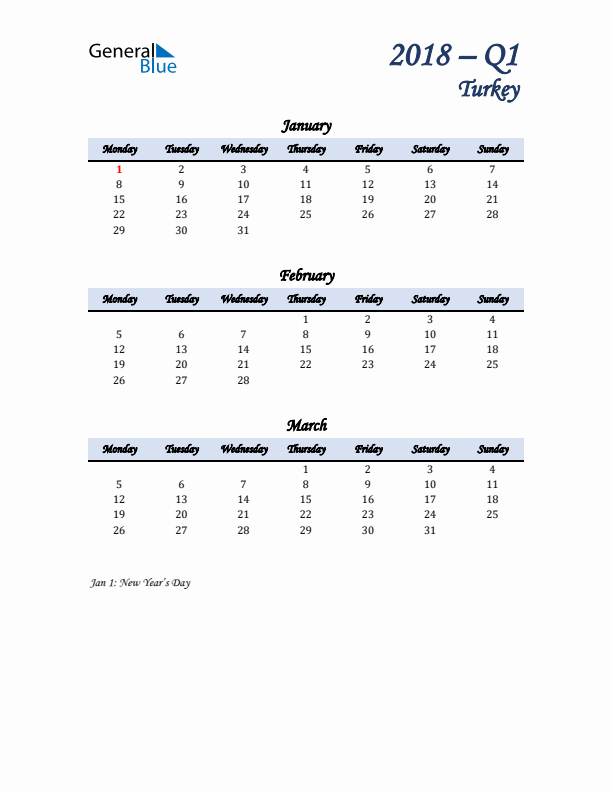 January, February, and March Calendar for Turkey with Monday Start