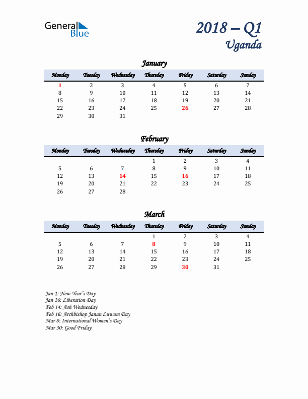 January, February, and March Calendar for Uganda with Monday Start