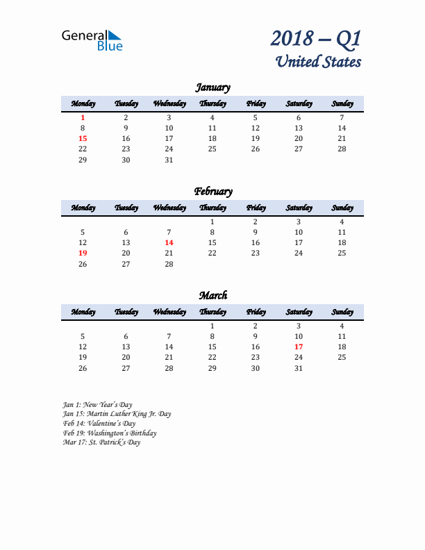 January, February, and March Calendar for United States with Monday Start