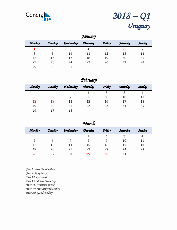 January, February, and March Calendar for Uruguay with Monday Start