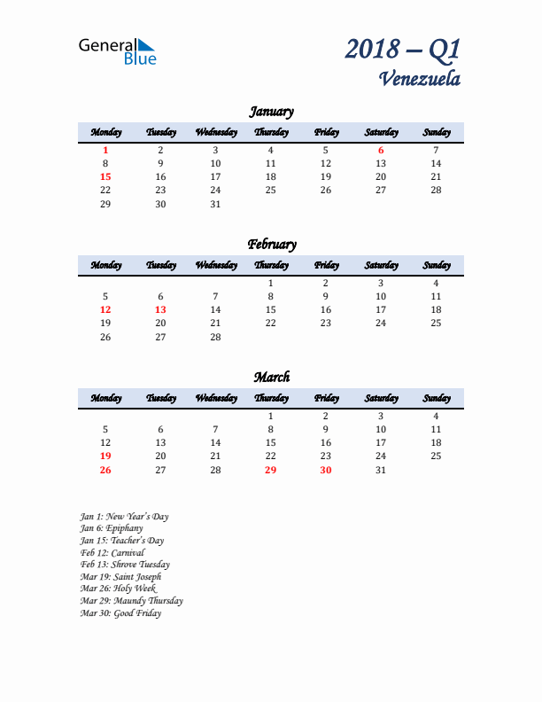 January, February, and March Calendar for Venezuela with Monday Start