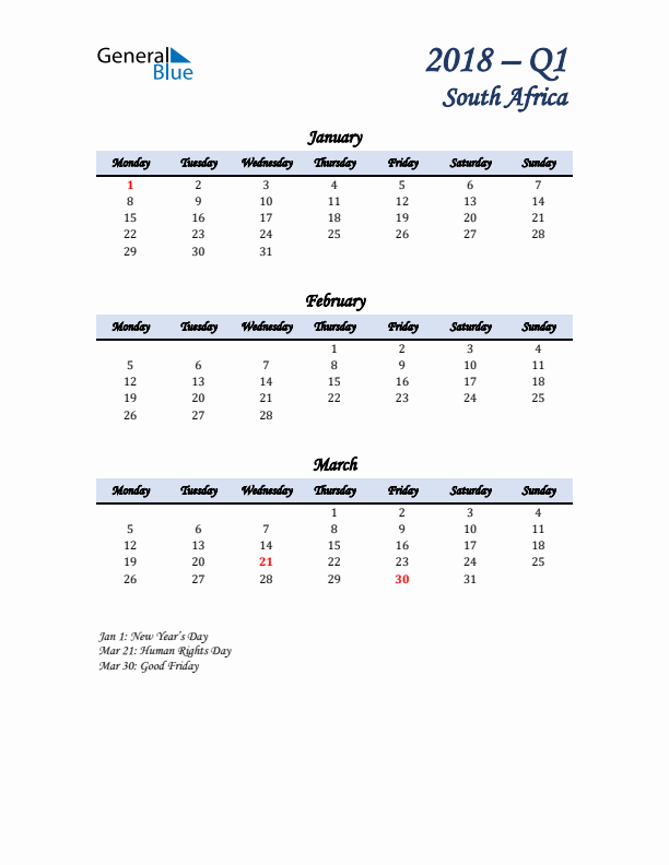 January, February, and March Calendar for South Africa with Monday Start