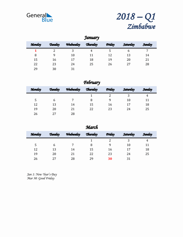 January, February, and March Calendar for Zimbabwe with Monday Start