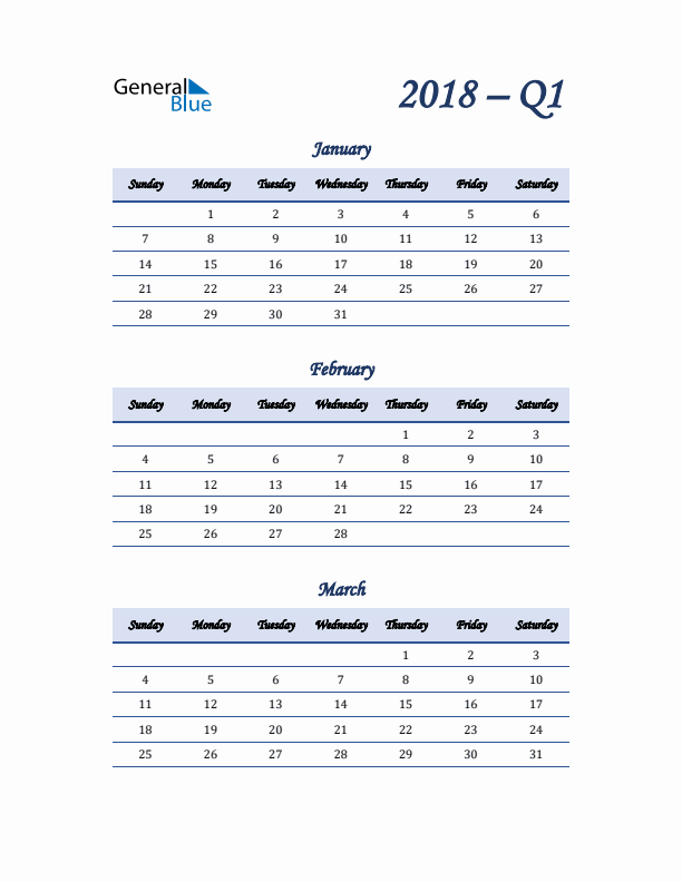 Sunday Start 2018 Quarterly Calendar