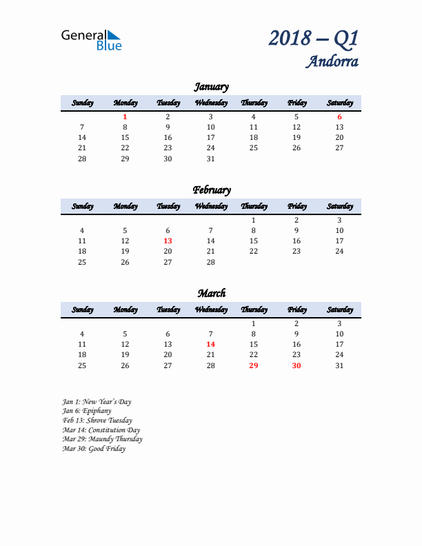 January, February, and March Calendar for Andorra with Sunday Start