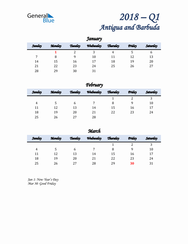 January, February, and March Calendar for Antigua and Barbuda with Sunday Start