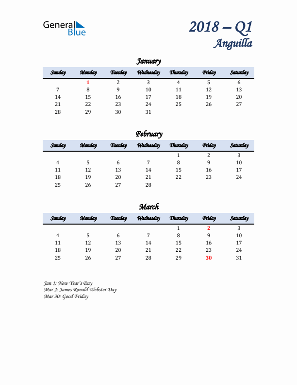 January, February, and March Calendar for Anguilla with Sunday Start